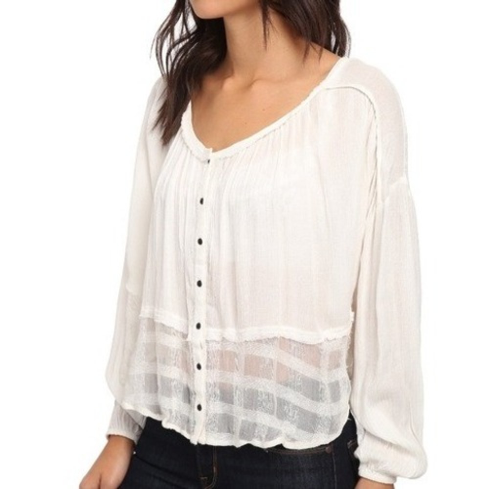 Free People White Rayon Gauze Boho Button Beachy Front High‎ Low Blouse Small